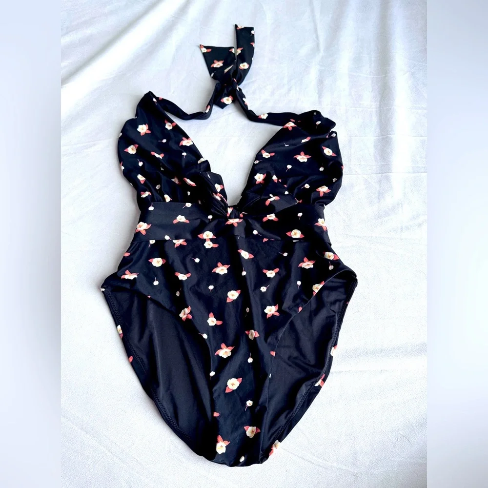 WEWOREWHAT Brooklyn Floral Halter One-Piece Swimsuit deep v open back bathing